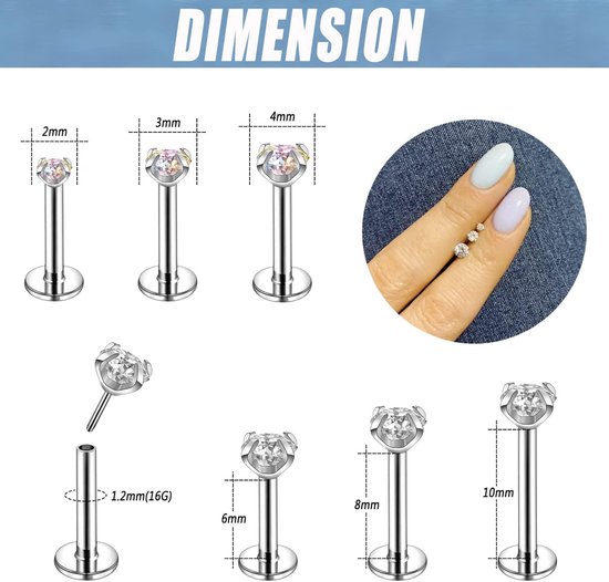 16G Rvs Pushin Lip Rings, Kleurrijke CZ Forward Helix Oorbel, Lengte 6/8/10mm Labret Monroe Medusa Piercing Sieraden voor Vrouwen Mannen, Roestvrij staal Kristal, Kubieke zirkonia — afbeelding 5