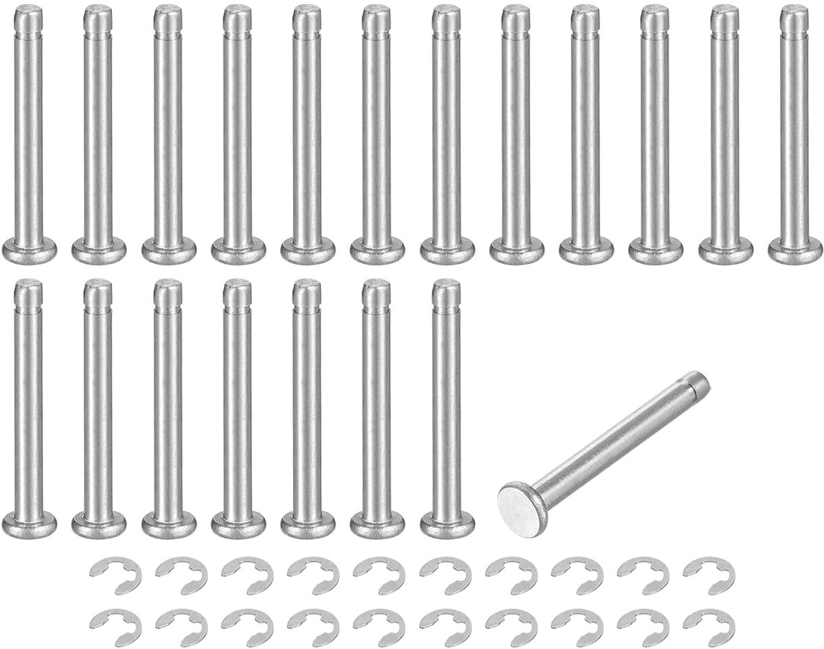 Set van 20 M3 x 25 mm positioneringspen, cilindrische elastische as, roestvrij staal 304, stiftpositie, cilinderscharnier, sleufkop, platte kop met ringbevestiging clip E, zilver