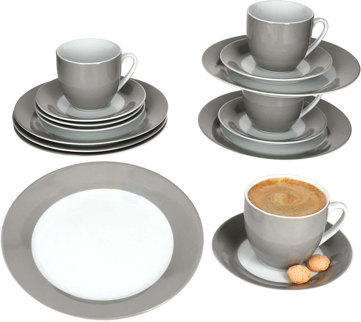 Variant Koffieservies, grijs, 18-delig, gekleurde porseleinen koffieset voor 6 personen, 6 x koffiekopjes 200 ml, schoteltjes en taartborden, kleurrijk servies voor ontbijt en koffie