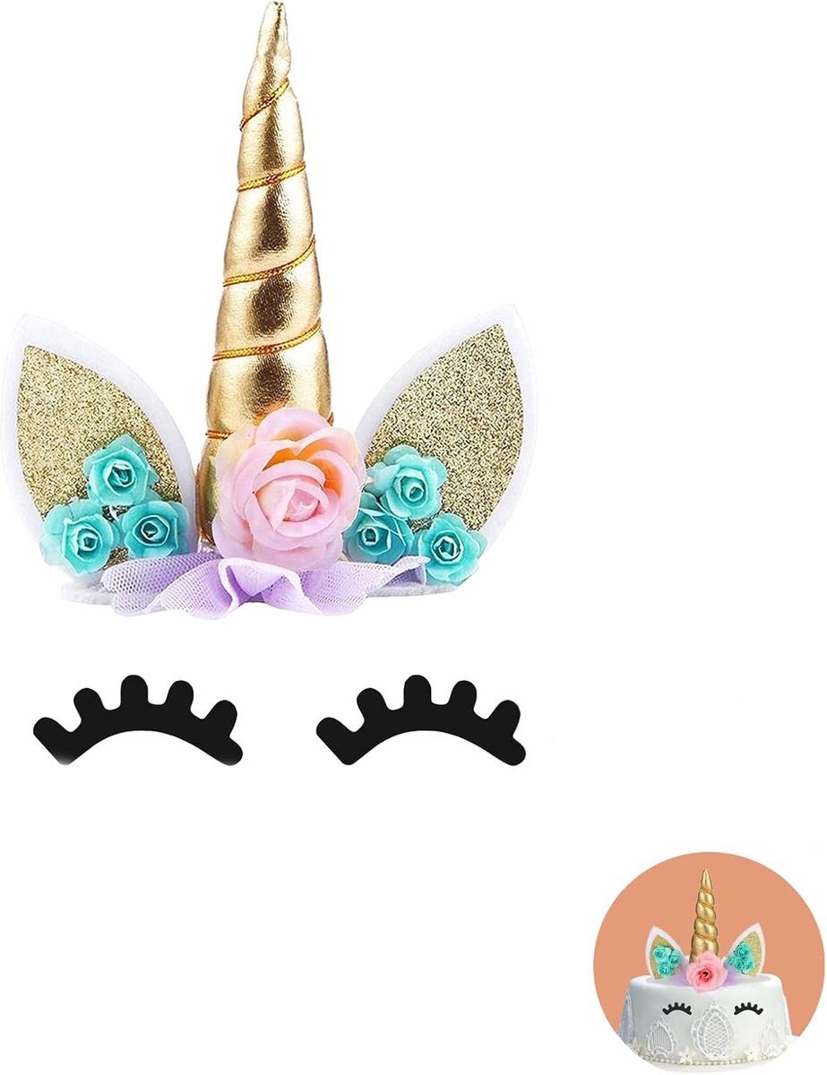 Taarttopper, gouden eenhoorn taarttopper set, herbruikbare glitter hoorns en oren + wimpers, feestdecoraties voor meisjes verjaardag, bruiloft en regenboogthema taarten (4 inch Mini Pegasus