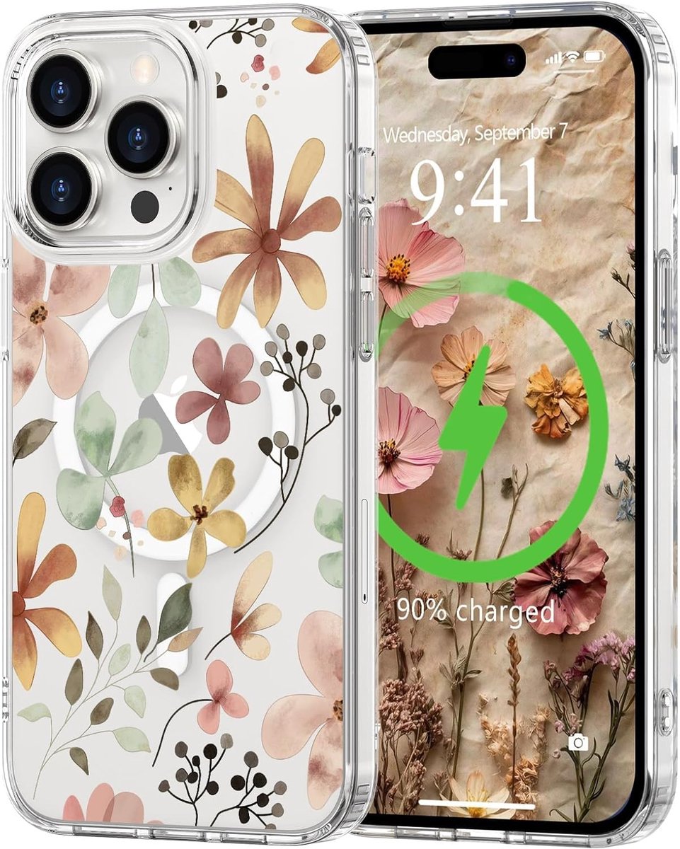 Hoesje voor iPhone 15 Pro Max, compatibel met Magsafe bloemenpatroon ontwerp telefoonhoes, meisjesachtige bloem slanke transparante bumper schokbestendige hoes voor iPhone 15 Pro