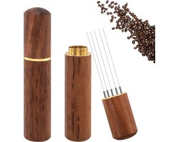 Roerstaafje voor espresso, verdeelgereedschap voor espresso, koffieroerwerk, professioneel handbediend verdeelgereedschap met naalden voor barista’s, 5 naalden, 0,4 mm, handvat en standaard van natuurlijk hout