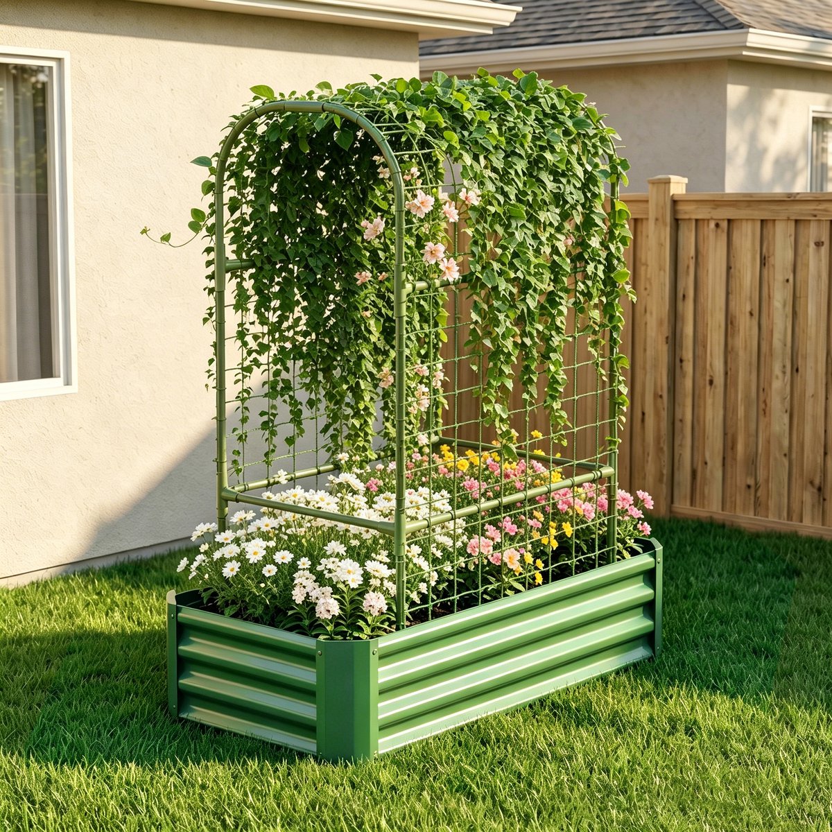 Moestuinbak Met Klimrek – 120 X 60 X 150 Cm – Metaal – Groen – Voor Groenten, Kruiden, Bloemen En Klimplanten Op Terras En Tuin