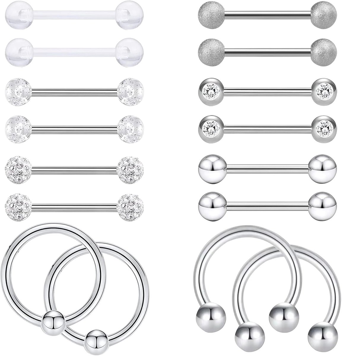 16 stuks tepelpiercing, tongpiercing, chirurgisch staal, lichaamspiercing, zilver, voor barbells dames