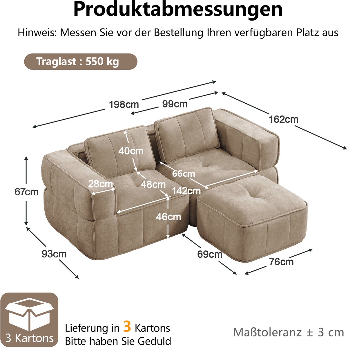MIVRAY Hoekbank 198 x 162 x 67 cm - Modulaire Zithoek Met Hocker En Antislip Basis - Voor Woonkamer En Appartement - Polyester - Sand