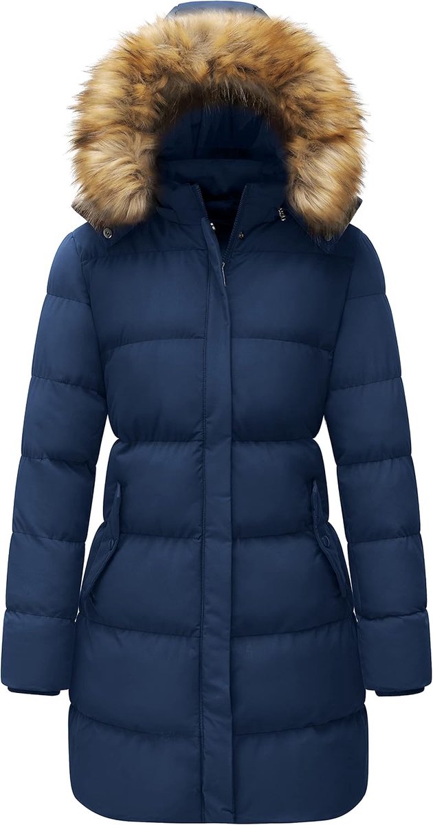 Warme dikke lange winterjas voor dames Warme gewatteerde jas met afneembare capuchon van imitatiebont