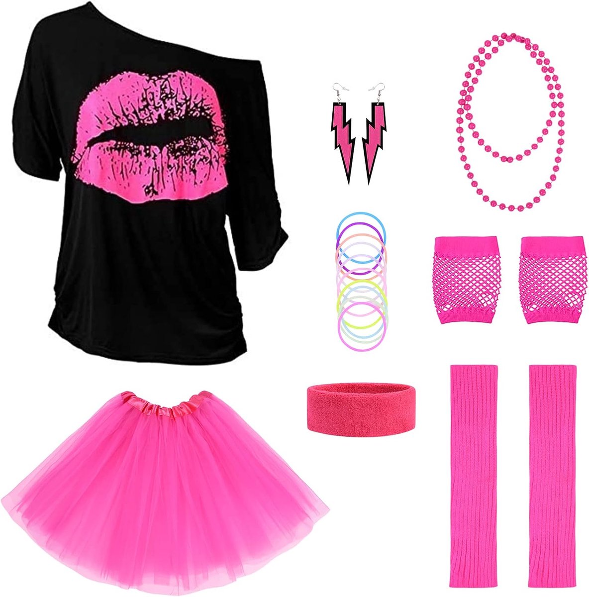 Jaren 80 Kostuum Accessoires Set, 8PCS T-Shirt Hoofdband Oorbel Ketting Bril, Jaren 80 Kostuums Accessoires voor Vrouwen Meisjes Volwassenen 80s Themafeest Mardi Gras