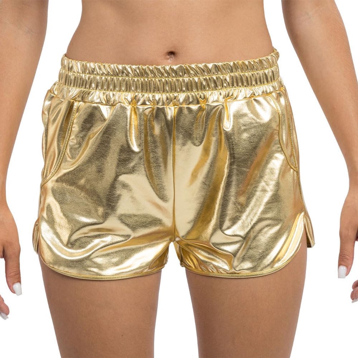 Shorts, glanzende hotpants met zakken | Korte broek voor festivals, carnaval en een zomerse look, feestoutfit met metallic look en zijzakken