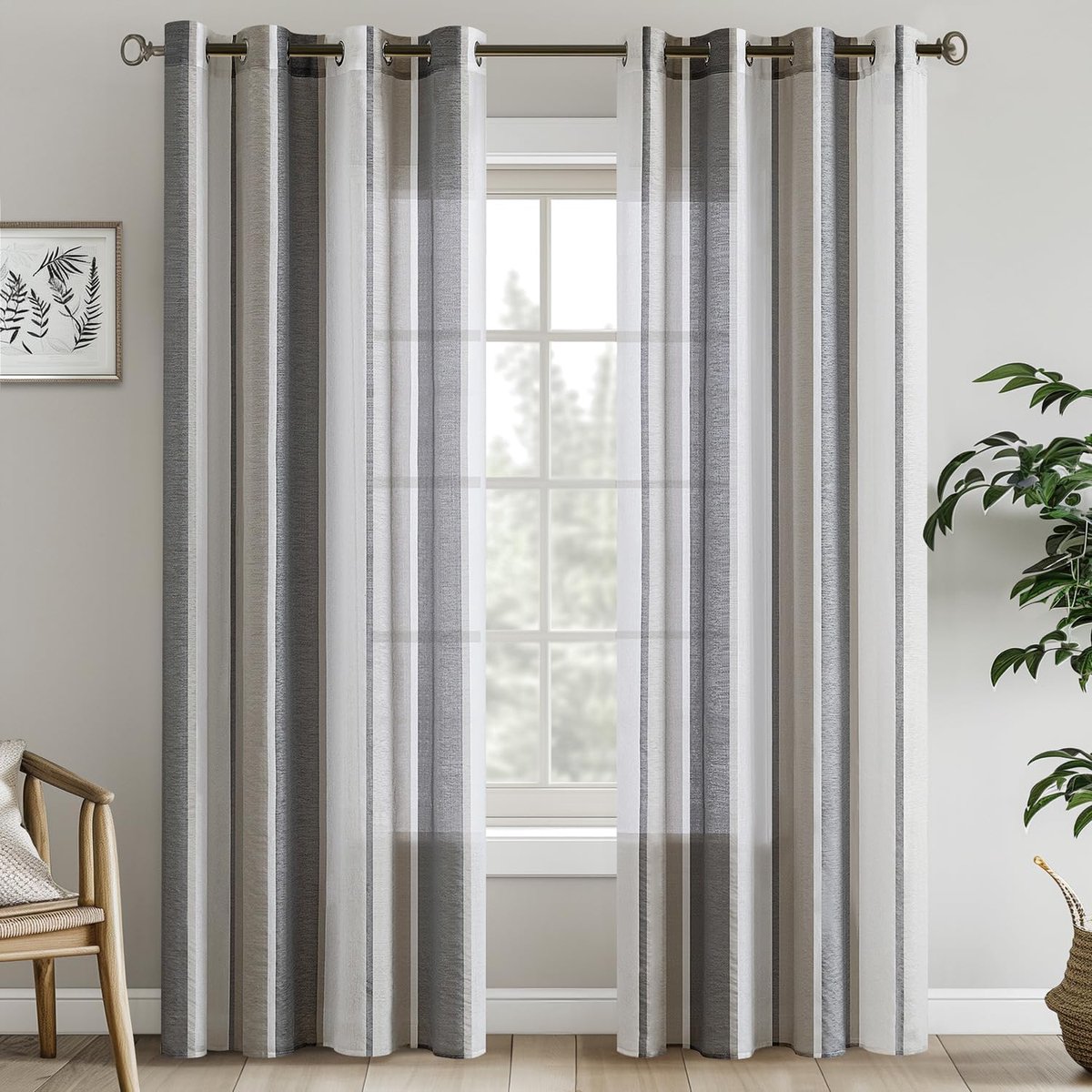 Gordijnen Gestreept Transparant Met Oogjes Voile Set Van 2 - Modern Woonkamer Slaapkamer Half-Transparant Patroon Strepen 140 x 245 cm Donkergrijs Wit