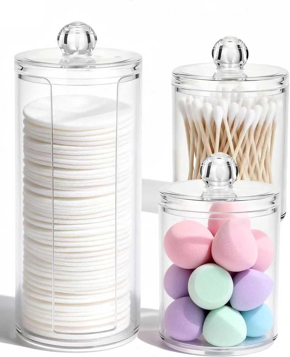 3 stuks wattenschijfdispensers en wattenstaafjes houder met deksel – make-uptafel-organizer, wattenschijfjes, accessoires, make-uptafel voor badkameropslag en organisatie