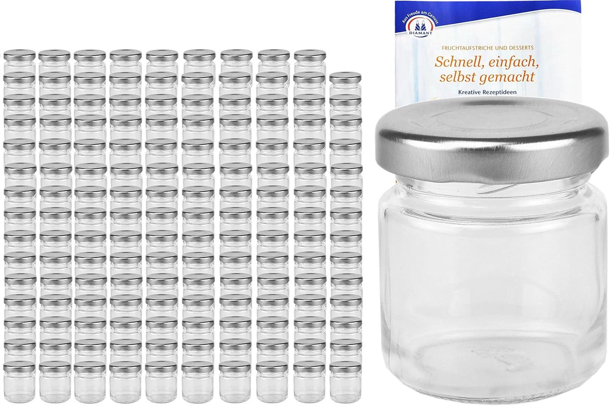 Set van 150 ronde glazen 53 ml dekselkleur zilver TO 43 incl. Diamant Gelierzauber receptenboekje, inmaakpotten, inmaakpotten, voorraadpotten, mini-weckpotten, fruitpotten, glazen