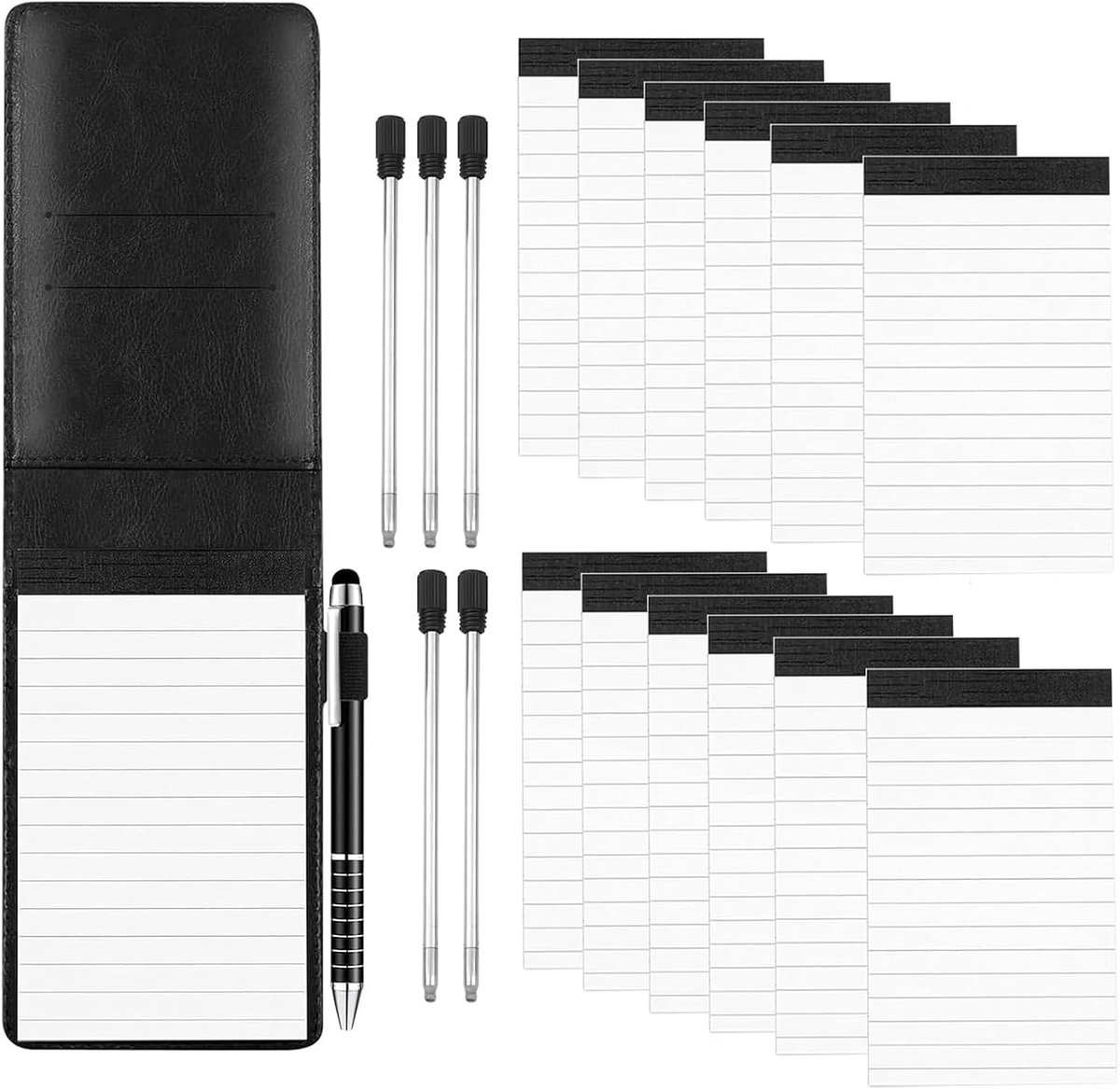 Notitieblok, klein, mini-notitieblok, A7, 19 stuks, mini-notitieboek met 12 reserveblokken, PU-leer, zwarte omslag met balpen, inclusief 5 reservevullingen voor buitenactiviteiten