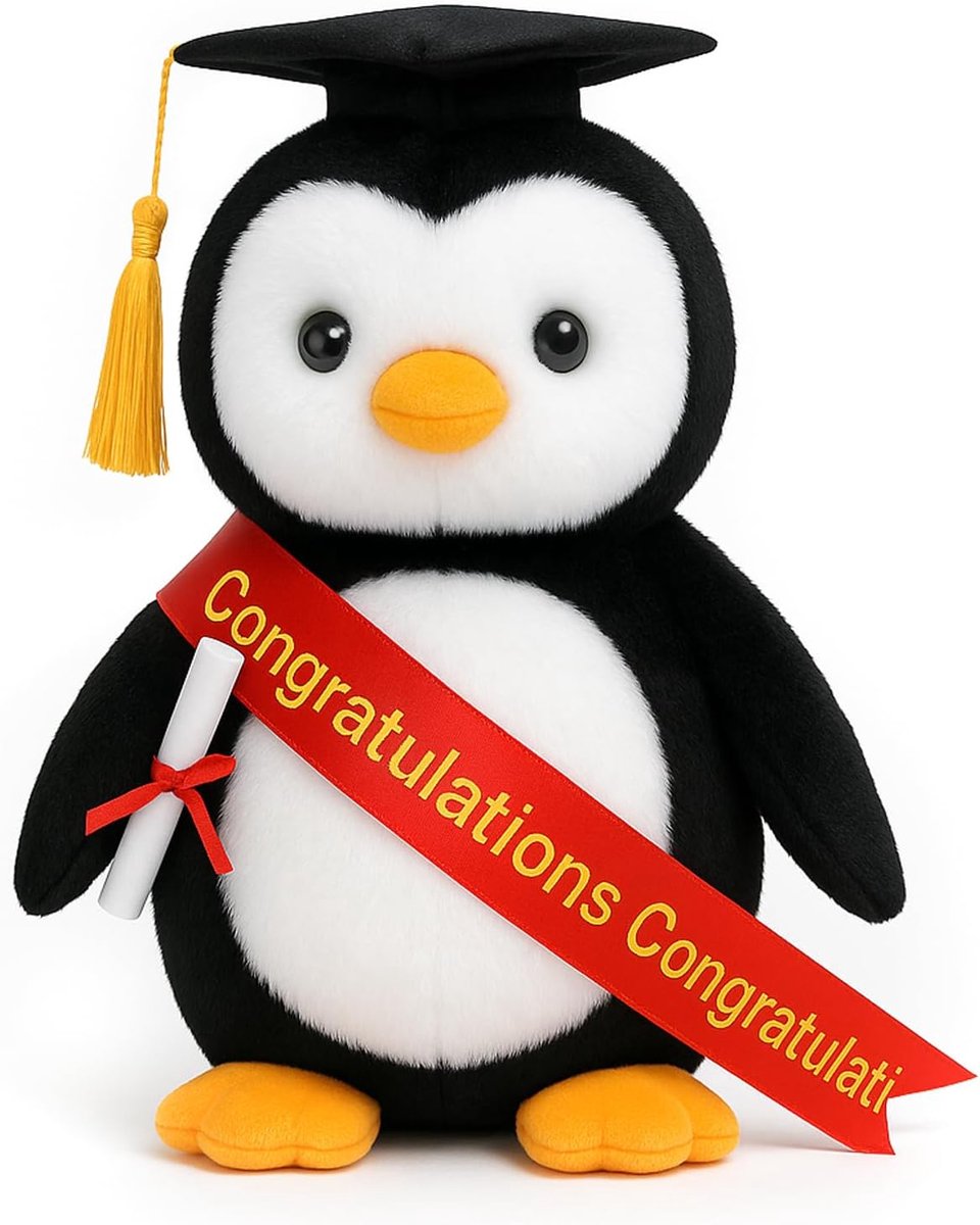 Pluche pinguïn knuffeldier met afstuderen doctoraal tam fluweel goud edelmetaal kwastje diploma voor man vrouwen meisjes jongens afstuderen felicitatie feestgeschenken, 30 cm