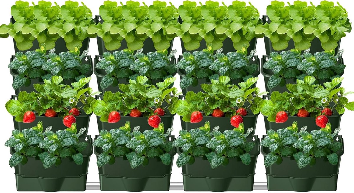Zakken, zelfbewaterende wandbloempot, verticale tuinplantenwand voor buiten, met 16 potten, wandplantenzak voor tuin, terras (16 stuks, groen)