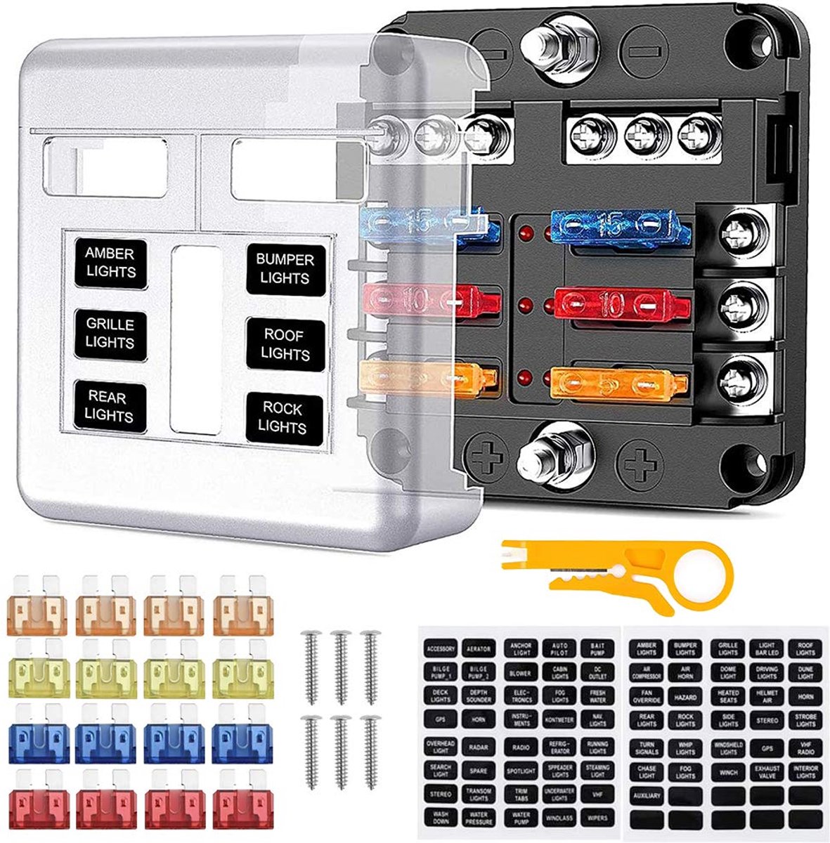 Zekeringhouder voor auto, ATO, 12 V/24 V, zekeringblok, zekeringdoos met 16 zekeringen en led-display, beschermafdekking voor auto, boot, SUV, 6 vakken