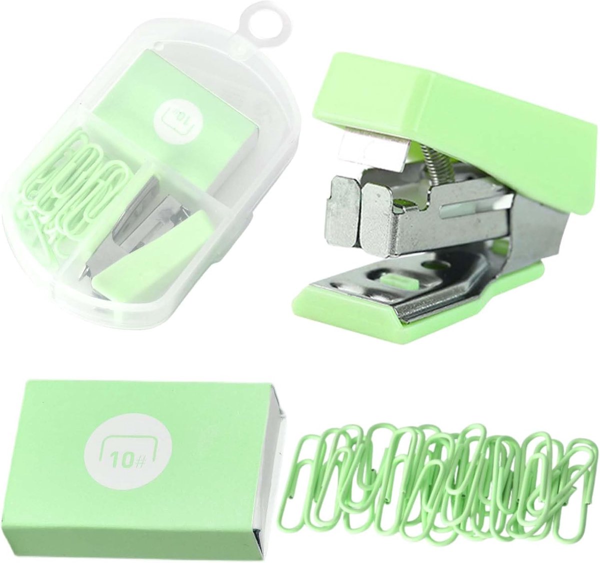 10# met 400 nietjes en 20 nietjes, compact, draagbaar voor kinderen, school, kantoor, anti-stam-design (metaal/kunststof) (mintgroen)