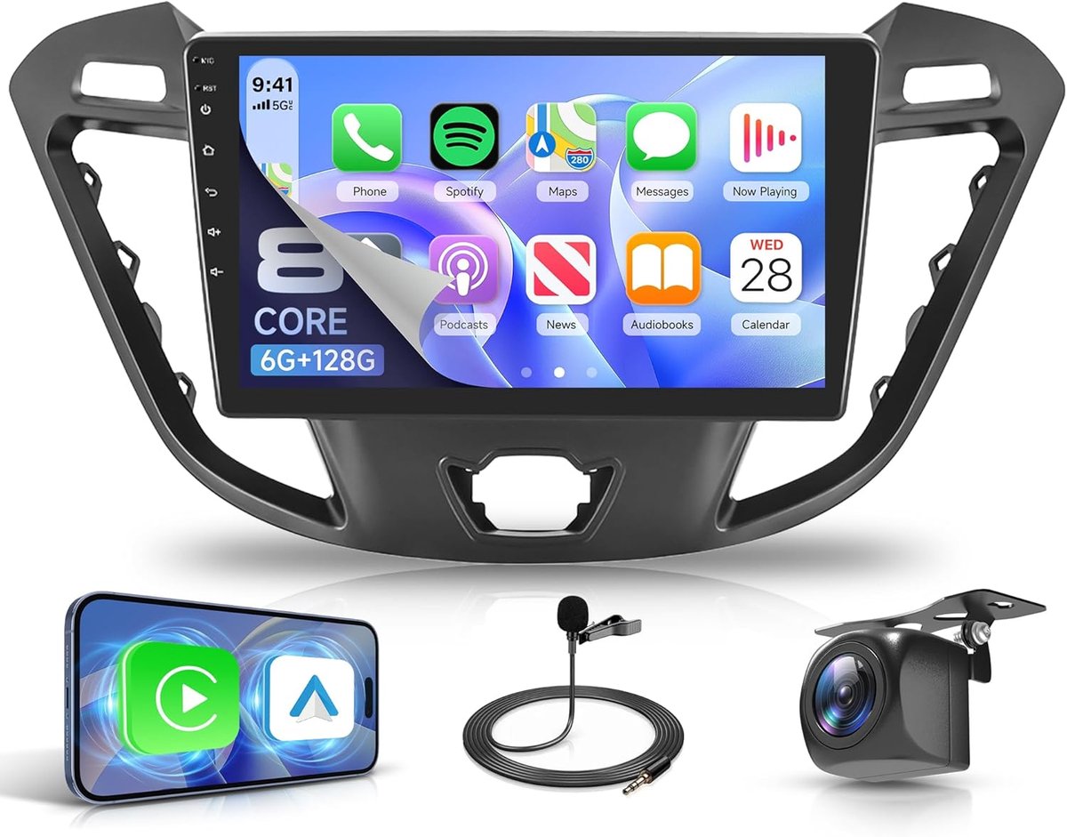 8-core 6G+128G 9" autoradio voor Ford Transit Custom Tourneo 2013-2018 Android 15 Carplay draadloos met Android Auto navigatie GPS FM/RDS/EQ/DSP Bluetooth 360° panoramische