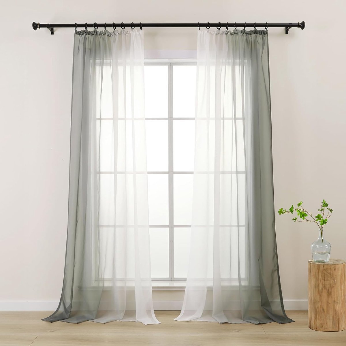 Gordijnen met plooiband, transparante gordijnen grijs wit kleurverloop voor woonkamer slaapkamer eetkamer meisjeskamer, 140 x 175 cm kort, set van 2 voile gordijnen voor railsysteem