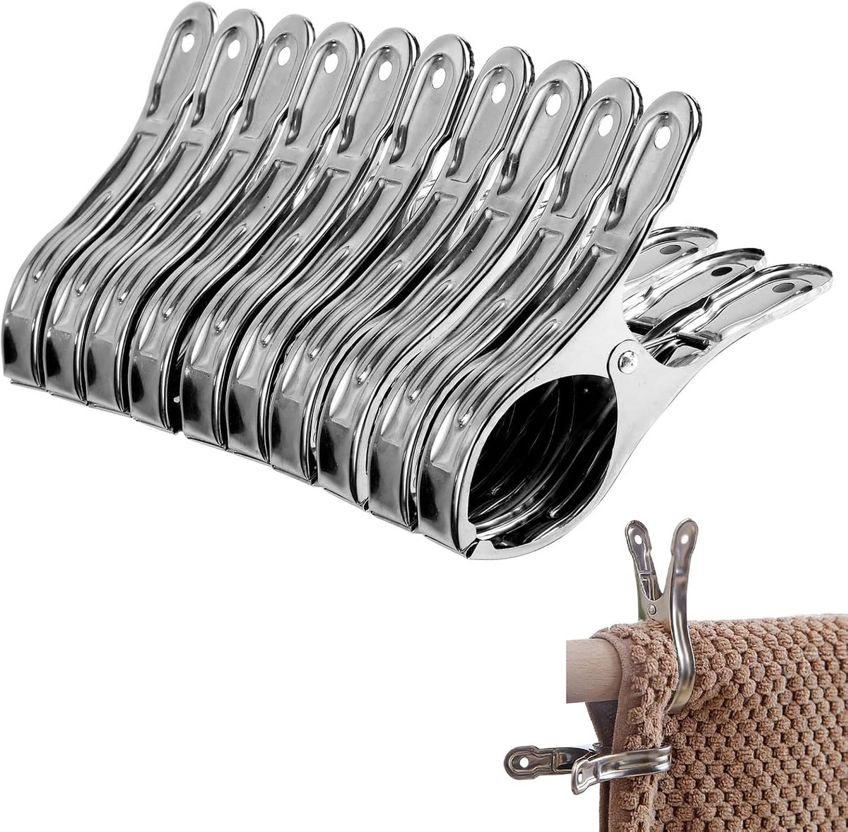 Clips, Roestvrij Staal, Zilver, 10 Stuks | Grote Roestvrijstalen Handdoekklemmen, voor Quilts, Kleding, Strandlakens