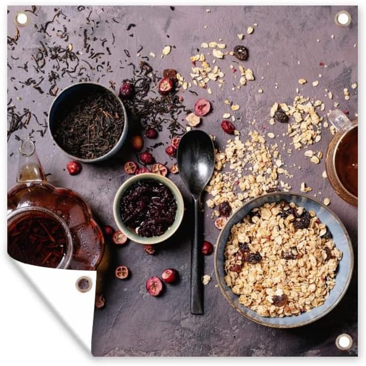 Tuinposter - 200x200 cm - Havermout - Gedroogd fruit - Specerijen - Industrieel