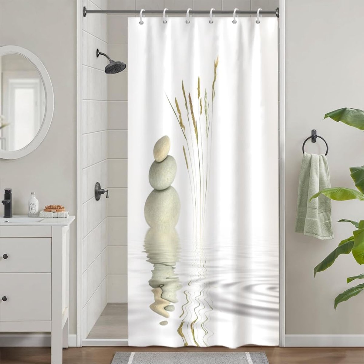 Douchegordijn, schimmelbestendig, douchegordijn 90 x 180 cm, Zen grijs, steen, spa, plantenmotief, badgordijnen, wasbare stof, waterdicht, polyester, badkamergordijnen met 6 haken