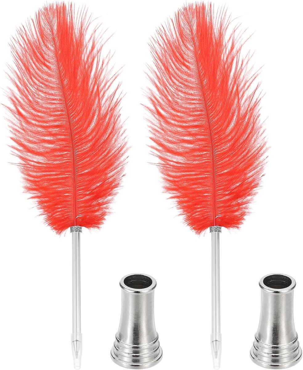 Veren balpen, 2 stuks 0,5 mm pluizige vintage inkt ganzenveer verfijnde vergulde staaf ganzenveer met 2 stuks standhouder voor kalligrafie schrijven handtekening gast huwelijkscadeau, rood