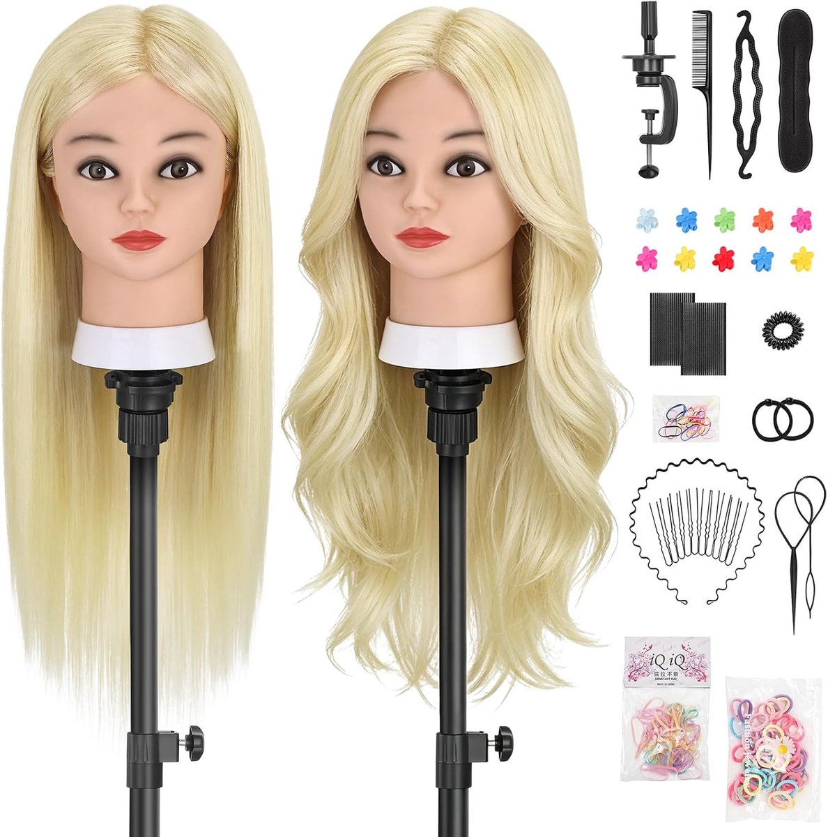 Trainingspop Hoofd Oefening Echt Haar Mannequin Hoofden Voor Vlechten Make-up en Gratis Klemhouder (Blonde)