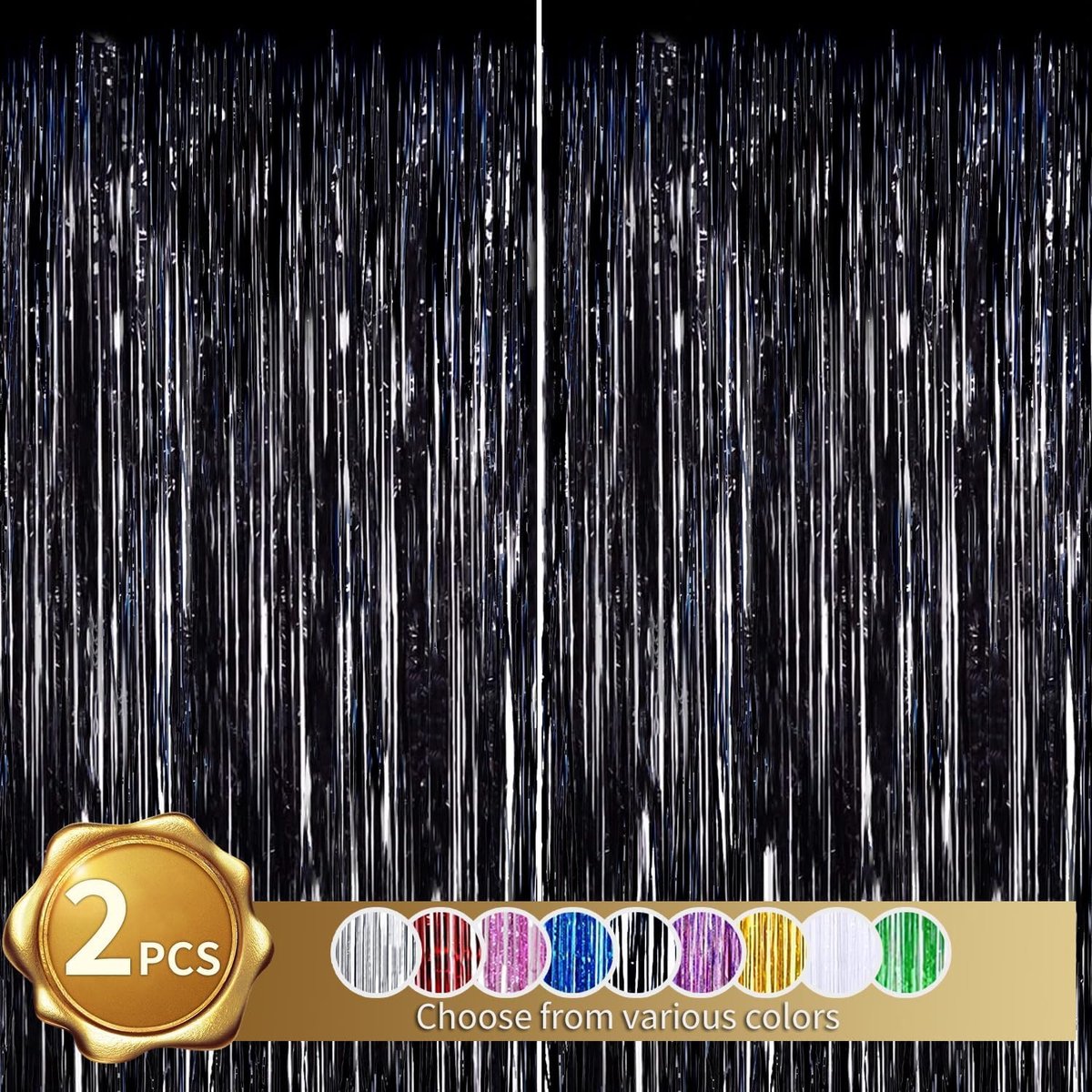 2 stuks zwart lametta-gordijn, glitter, metallic klatergoud gordijn voor feest, afstudeerfeest, fotoachtergrond, folie-streamer, verjaardagsdecoratie, decoratie voor disco, kerstfeest (1 x 2