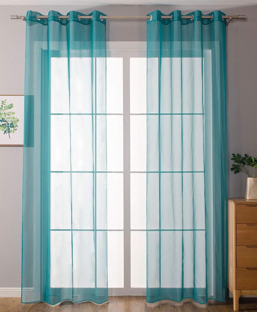 203322, set van 2 ingestanste ringen, transparant, voor de woonkamer, voile, loodband, H x B 145 x 140 cm, turquoise