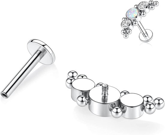 16G G23-titanium, platte rug, intern geschroefde labret, stud voor onderlip of tragus, zilveren piercing monroe medusa voor kraakbeen oorlel, oorbel, conch-sieraad, 6, 8, 10 mm, Metaal — afbeelding 3