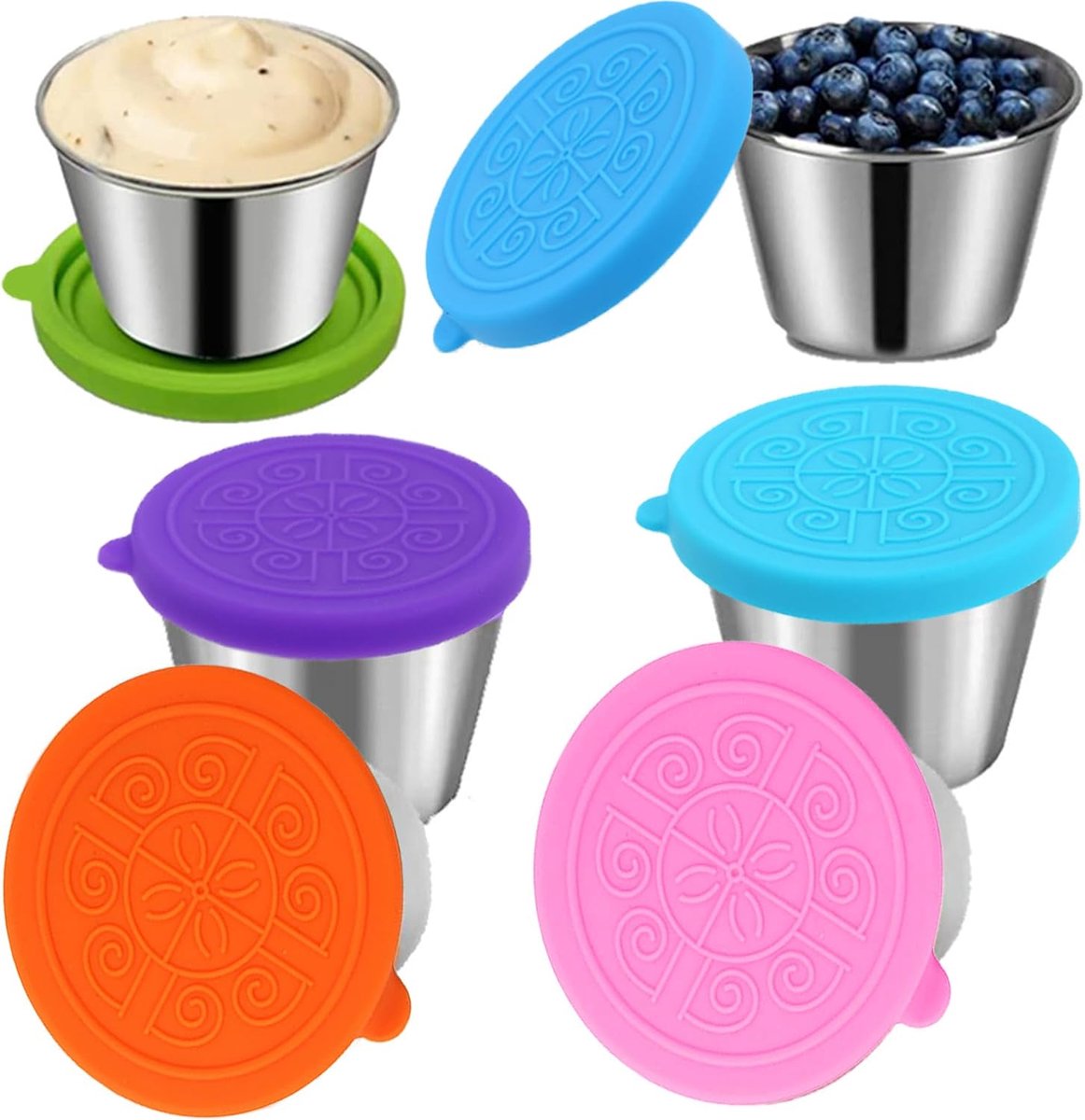 6-pack roestvrijstalen sausbekers, 2,4 oz/70 ml kleine sausbekers met deksel, lekvrije saladedressing- en dipbekers voor lunch, picknick en reizen - herbruikbare stalen dipbekers