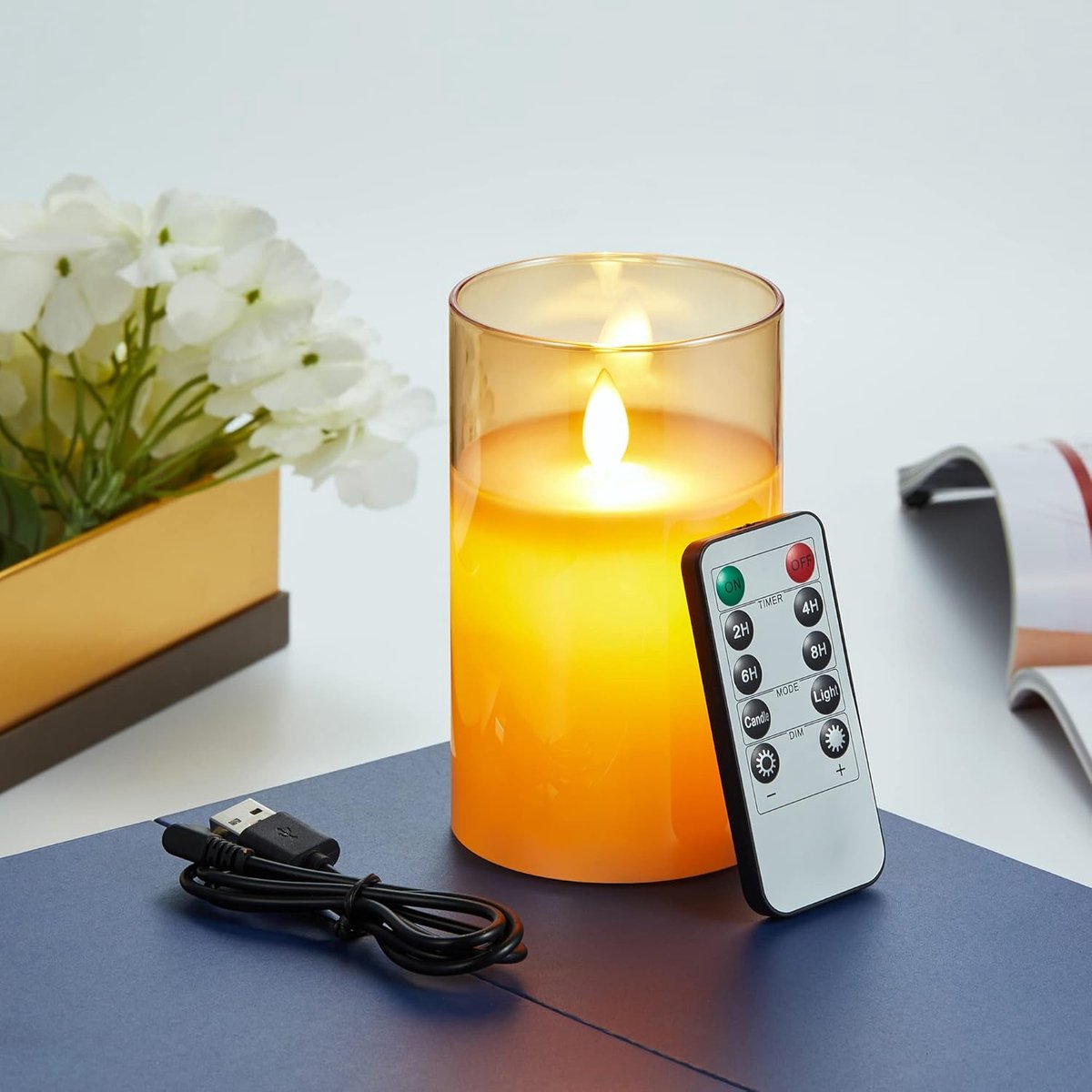 Oplaadbare LED Kaarsen met Afstandsbediening, Vlamloze Batterij Werkende Kaarsen met Bruin Glazen Kopje, Kerstkaarsen met USB-kabel, Flikkerende LED-Kaarsen voor Bruiloft, Feest (10cm)