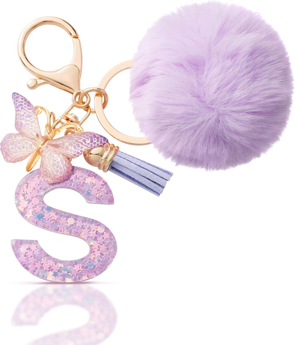 Sleutelhanger letter geschenken meisjes sleutel hanger met pompon beginletters sleutelhanger letter vlinder voor vrouwen dames verjaardagscadeau