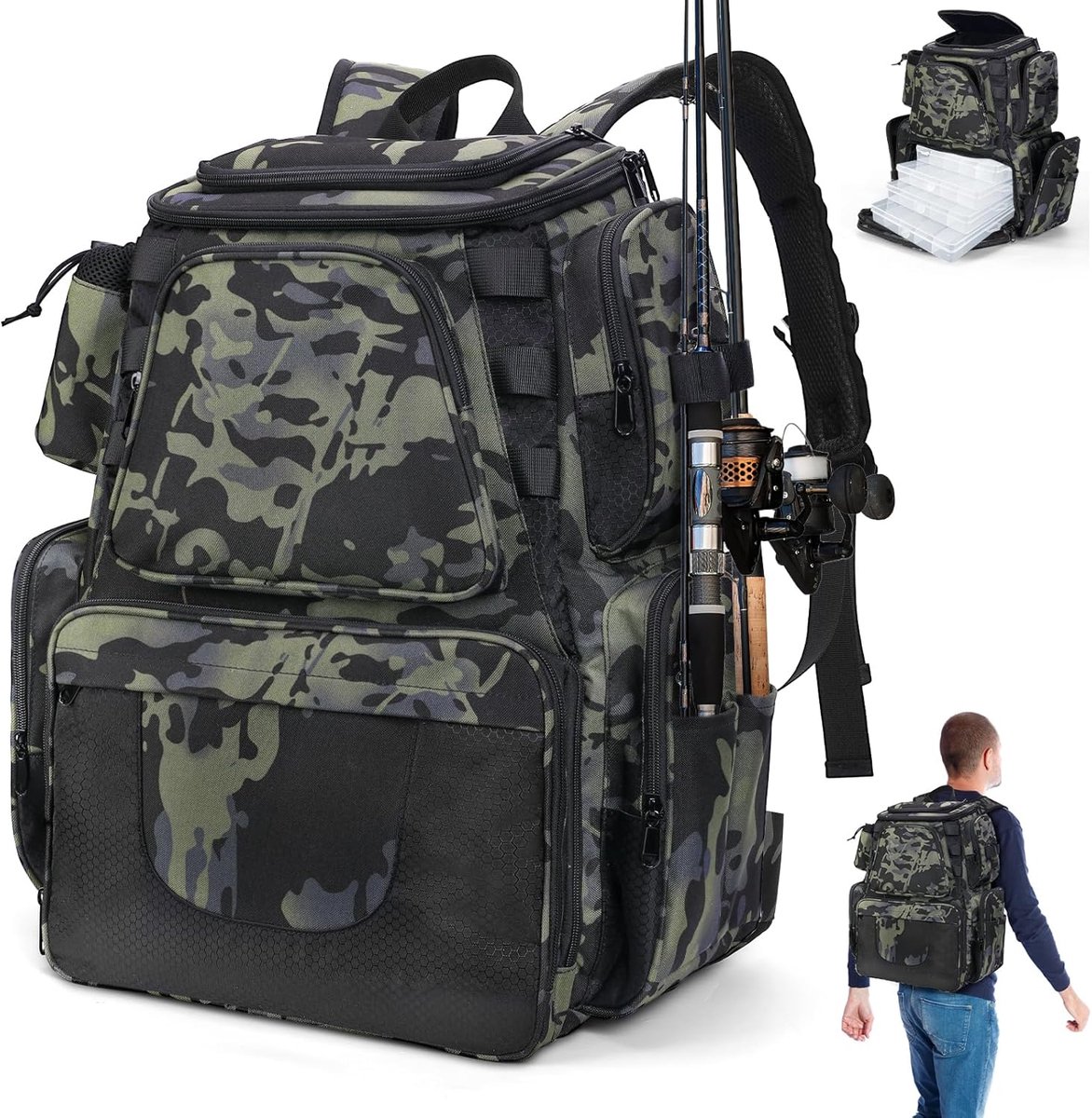 38L Visgerei Rugzak met hengelhouder - Waterdichte Grote Opslag Outdoor Visgerei Tas - Visrugzak voor Camping Wandelen Reizen Fietsen