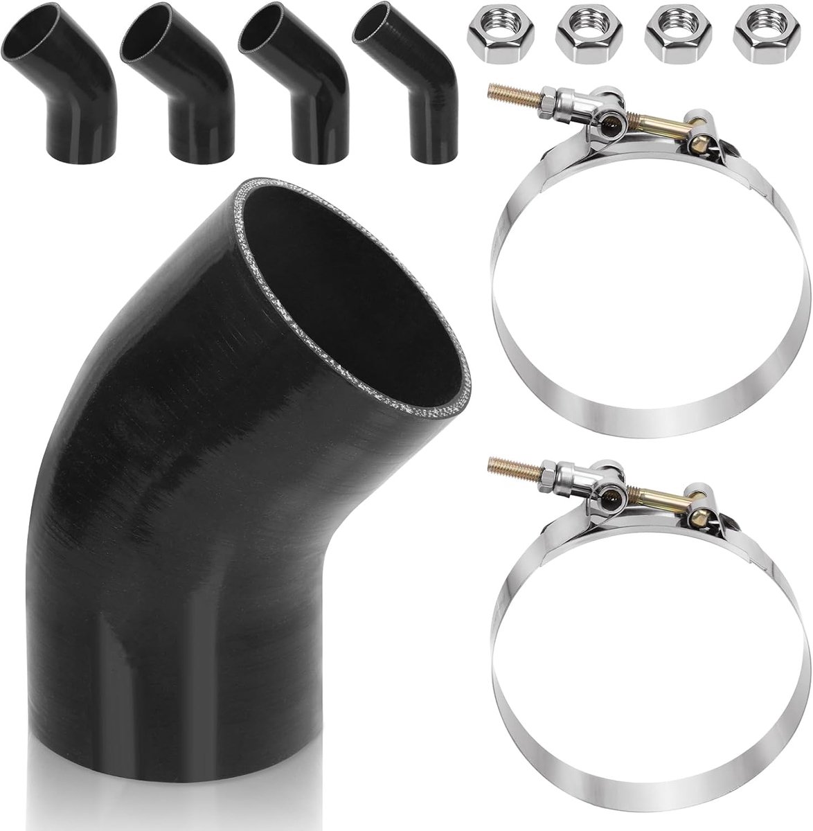 45 graden elleboog siliconen slang, 2 inch (51 mm) ID 4 inch (102 mm) lengte 4-laags versterkte hoogwaardige siliconen slang met 2 stuks 108-116 mm roestvrijstalen T-boutklem en 4 stuks