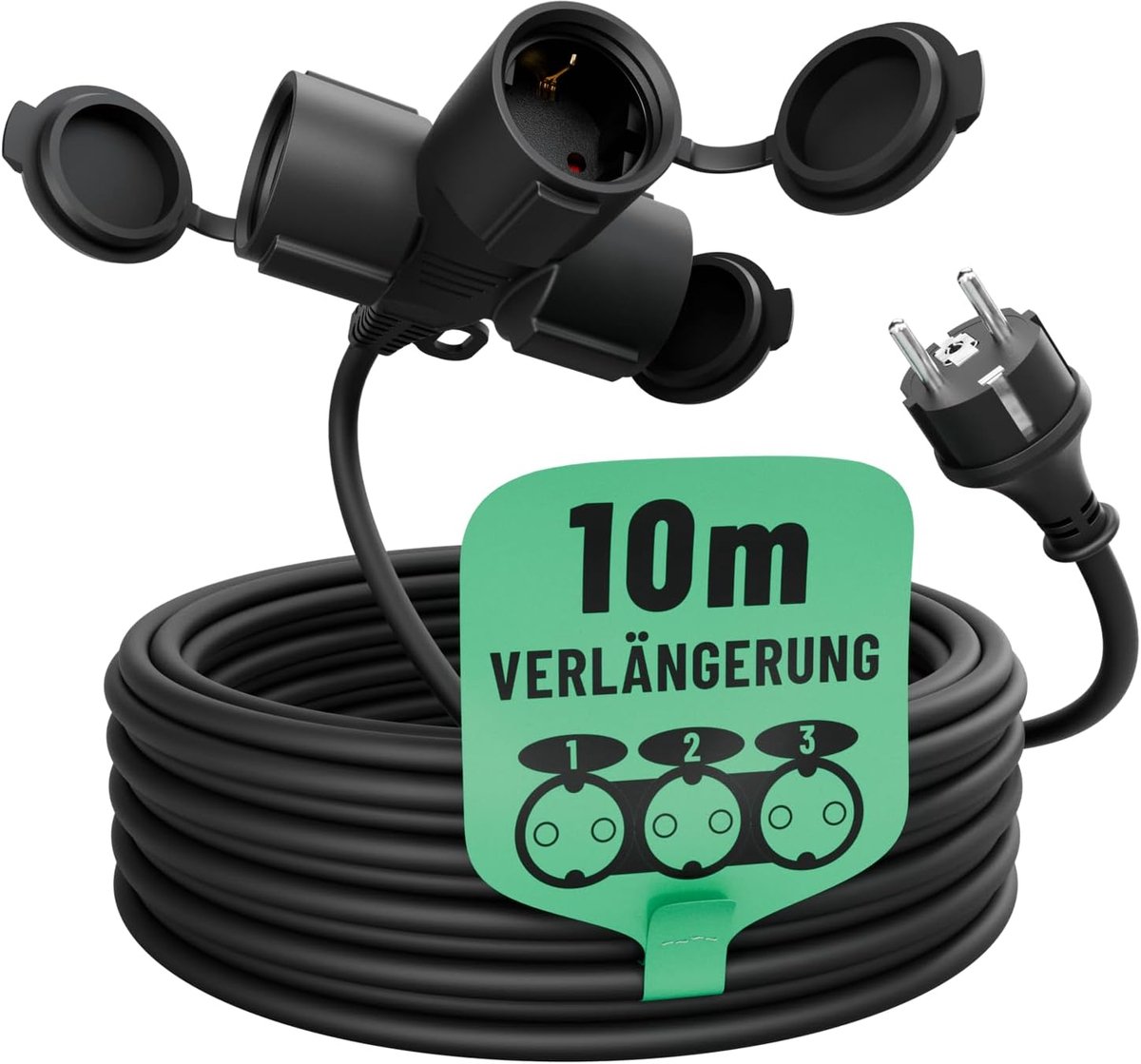 Greate 3-voudige verlengkabel, 10 meter buiten, waterdicht, IP44-3-voudig, meervoudige stekkerdoos, verlenging voor buiten, 10 m, 3500 W, outdoor verlengkabel, waterdicht
