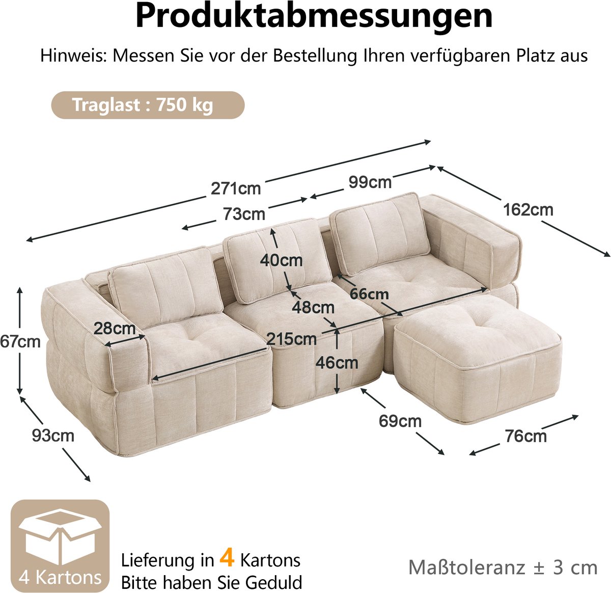 MIVRAY Hoekbank 271 x 162 x 67 cm - Modulair L Vormig Met 1 Hocker En Diepe Zit - Voor Woonkamer - Polyester - Beige