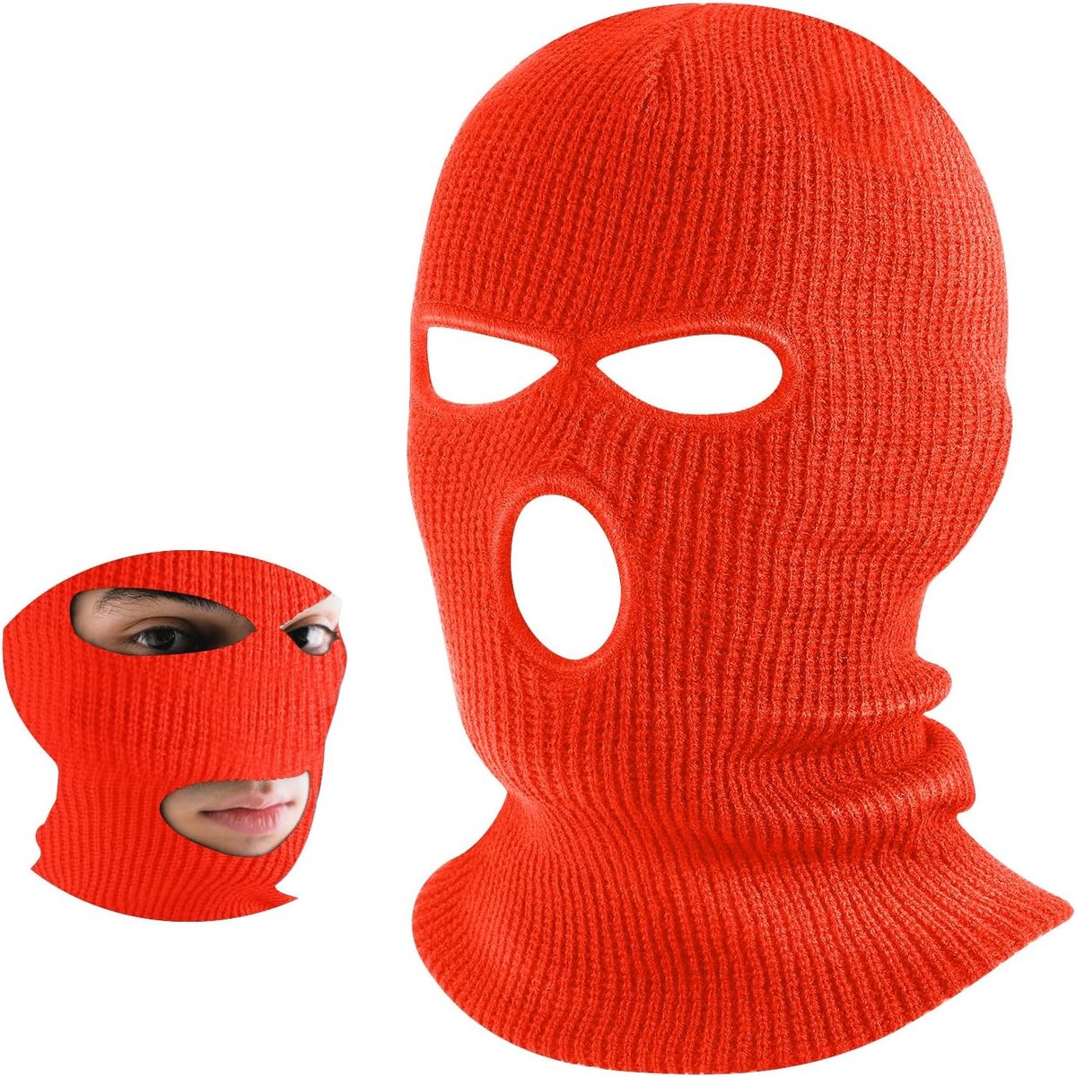 Gebreide bivakmuts met 3 gaten, volledige gezichtsbedekking, winter, volledig gezicht, stormmasker, oranje, Eén maat