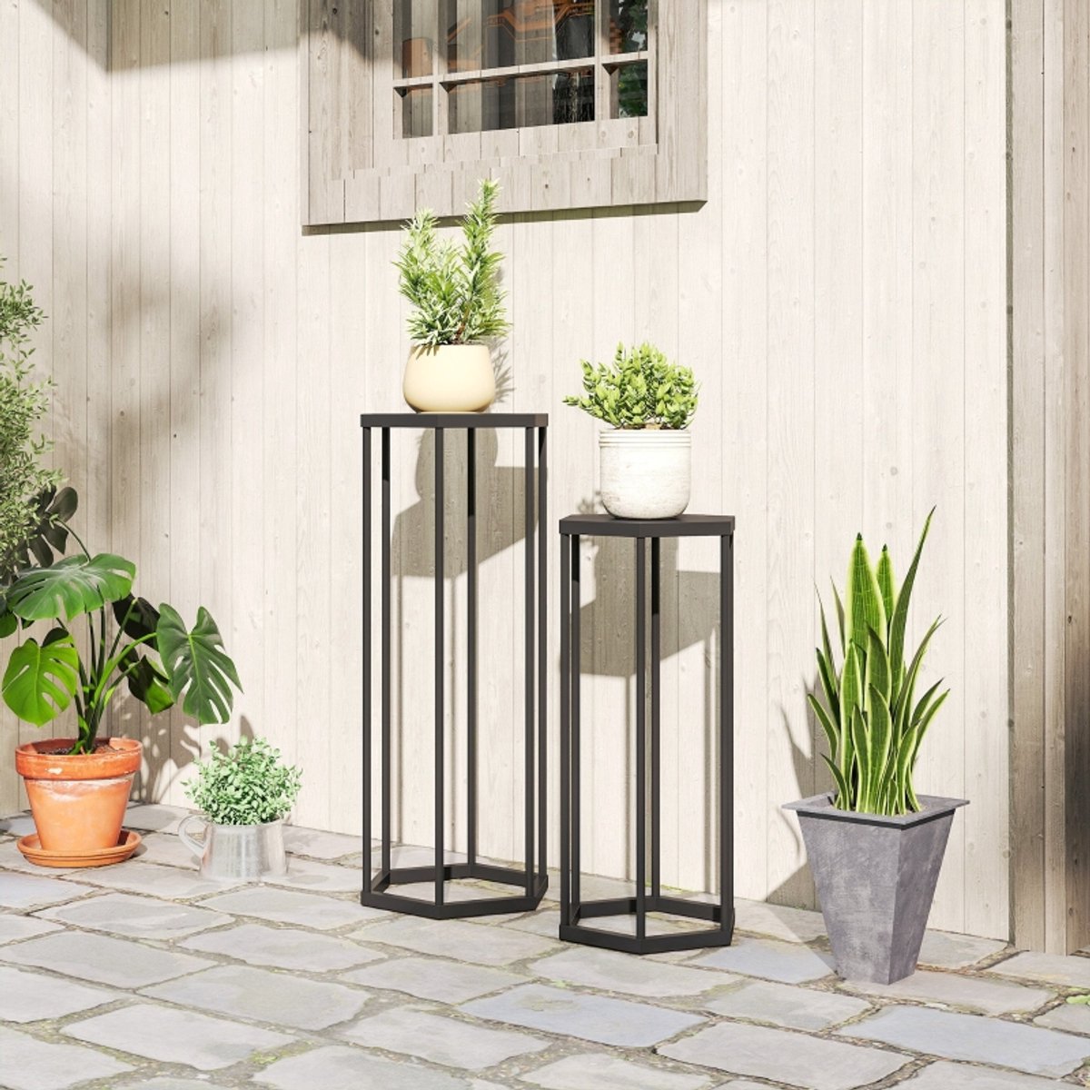 Plantenstandaard 2 Delig – Hexagonaal Metaal – 75 Cm En 60 Cm – Zwart – Voor Binnen En Buiten – Voor Planten En Decoratie