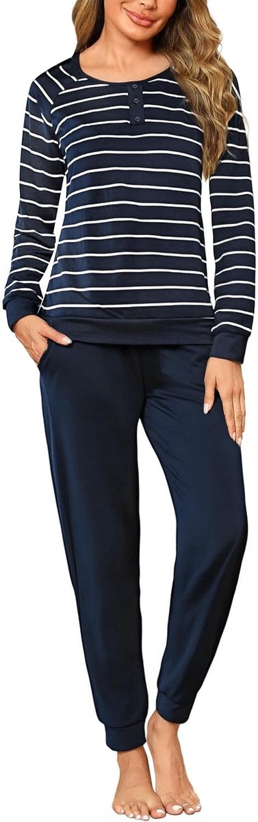 Damespyjama, lang, katoen, winterpyjama, nachtkleding, lounge-set, jongen, vrouw, tweedelige damespyjama, lange mouwen, Strepen_donkerblauw + wit, S