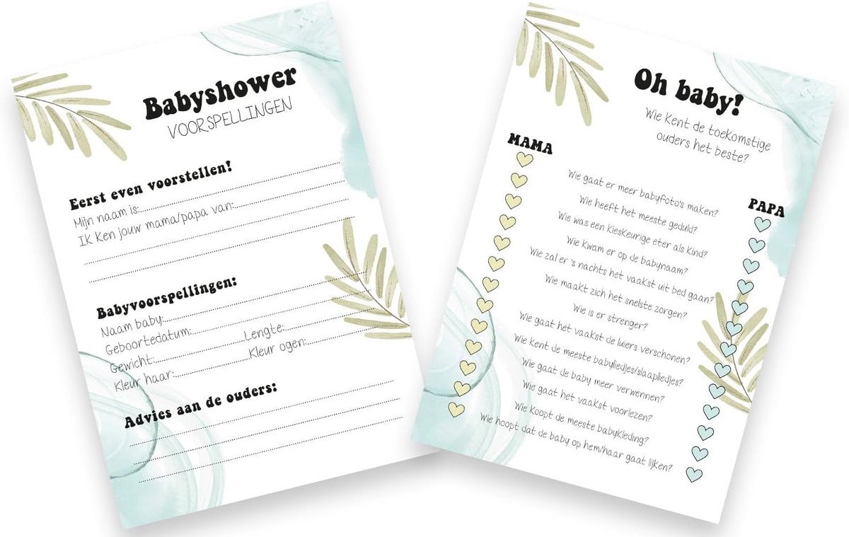 2x20 leuke Babyshowerkaarten | Babyshower | spelletje invulkaarten (A5 formaat) 2x20 Quiz01