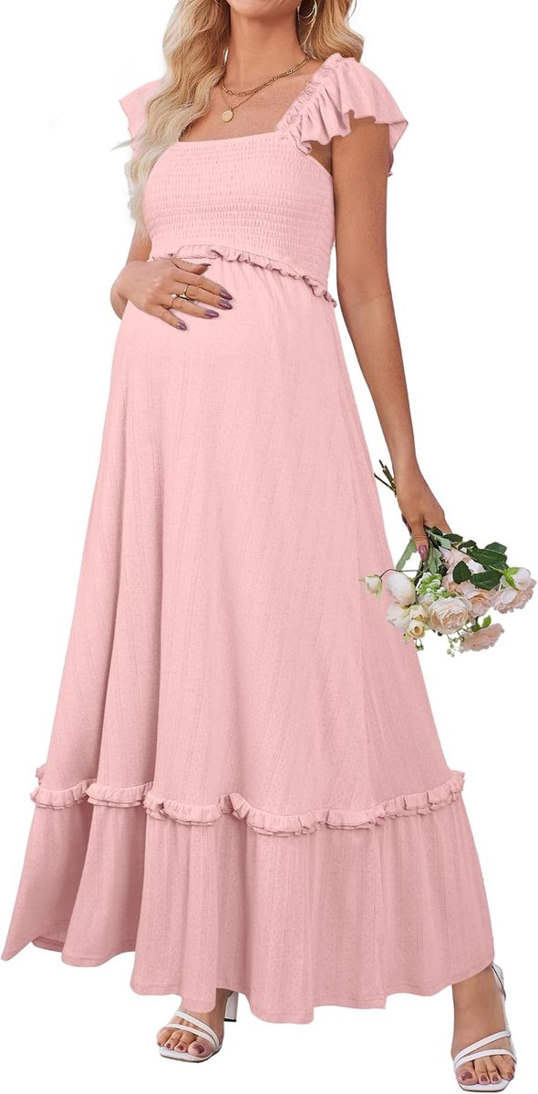 Vrouwen 2025 Zomer Verpleegkundige Jurk Ruffle Mouwen Boho Maxi Zwangerschapsjurk voor Baby Shower Photo Shoot Zwangerschapsmode