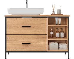 Badkamermeubel - Badkamerkast - Wastafelkastje onderkast - Badkamerkast onder wastafel – Opbergkast met 2 lades en open vakken – Industrieel design - Licht eiken & zwart frame – 90 cm