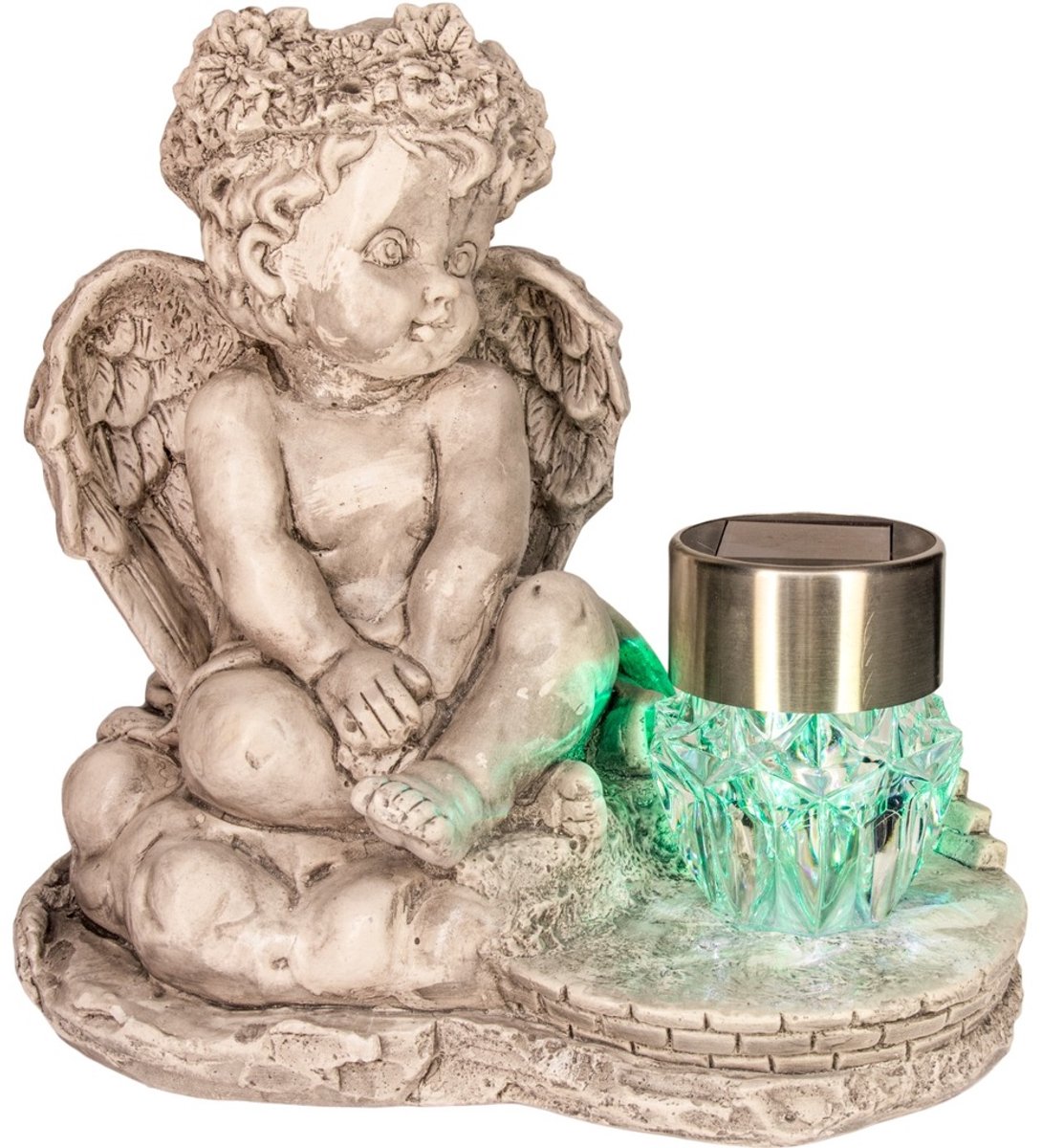 Gipsen Engel Grafdecoratie met Zonne-LED Lamp 21cm