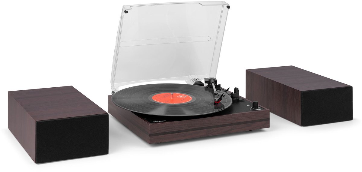 Platenspeler met speakers - Audizio Akron - LP speler - Bluetooth - AUX - 3 snelheden - Donkerbruin