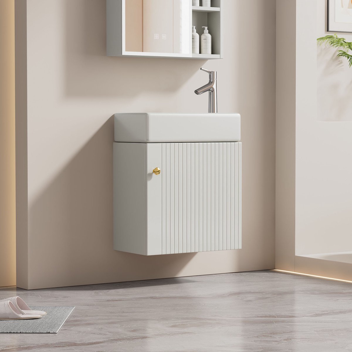 Hangend badkamermeubel met wastafel - Compacte oplossing voor kleine badkamer - 46 cm - Wit - Uniek 3D-reliëfpaneel - Soft-close deur - Keramisch bekken