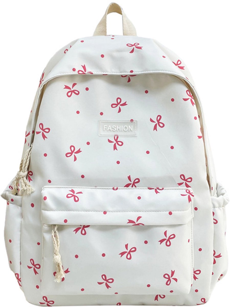 Dames Rugzak met Strikjes – Schoolrugzak voor Meisjes – Grote Rugzak met Zijvakken – Lichtgewicht Nylon Rugzak – Wit/Rood