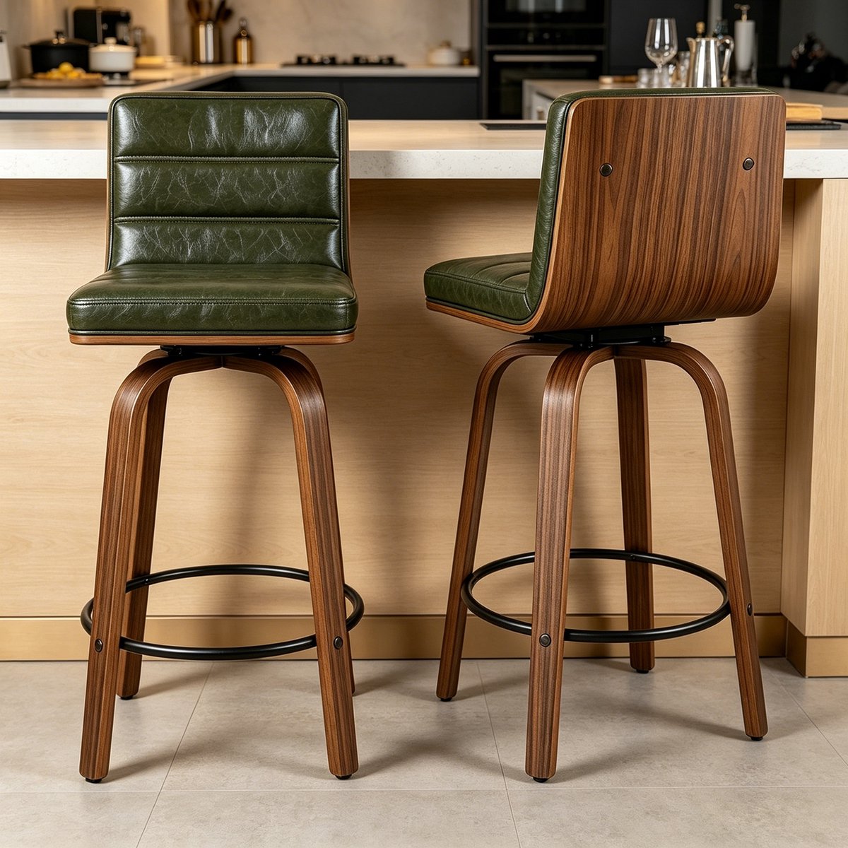 Clruro Barkruk - 360° Draaibaar - Gebogen Rug met Voetring - PU-Leer en Beukenhout - Houtkleur