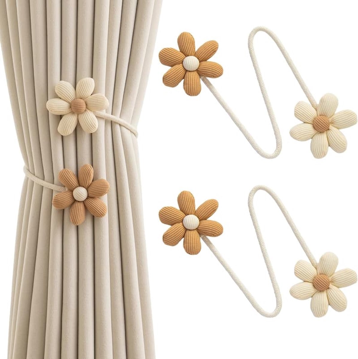 Flexibele gordijnbinders, gordijnbinders met bloemenpatroon, 2 elegante doe-het-zelf gordijnhaken, decoratieve gordijnhaken Geschikt voor de slaapkamer, beige en koffiekleurig.