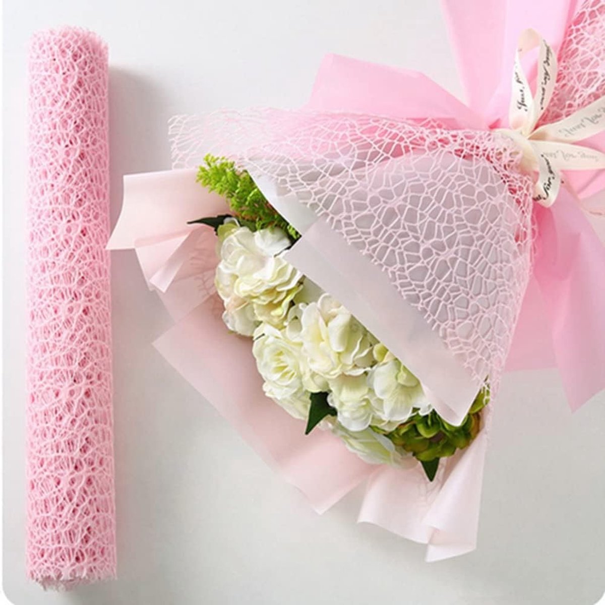 Jacquard Net Mesh Openwork Bloemen Wikkelpapier - 2 Rollen voor Bloemstukken en Versieringen, 50cmx5m (Roze)